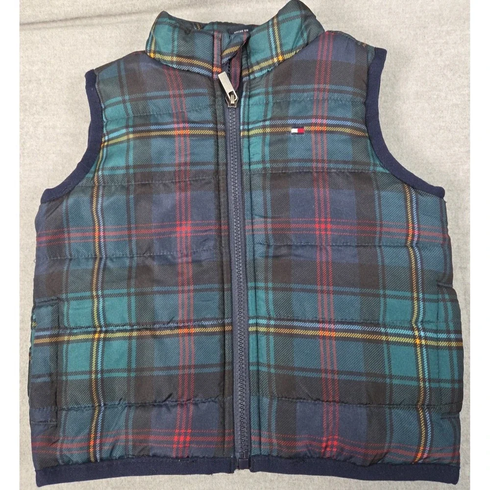 Tommy Hilfiger Baby Boy 3-6 Months Puffer Vest Quilted Plaid Preppy Zip‎ Up Logo